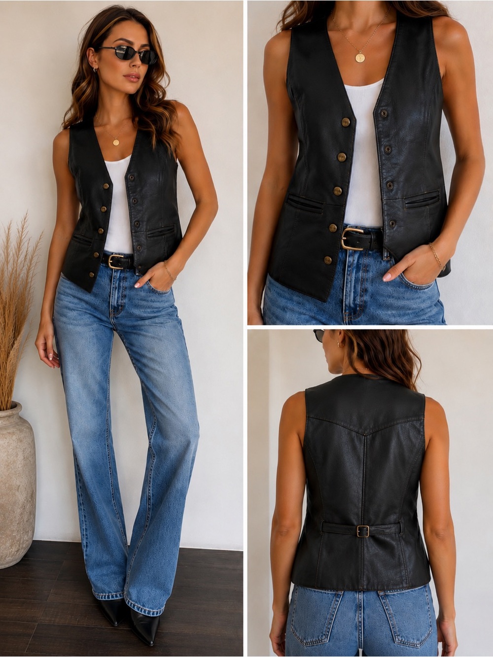 Vintage Guess Leather by Georges Marciano Black Genuine Leather Vest Size Small - Picture 2 of 8